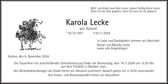 Traueranzeige von Karola Lecke von Wetterauer Zeitung