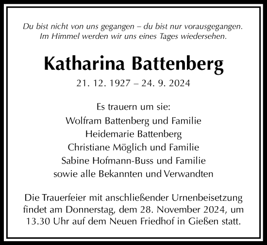 Traueranzeige von Katharina Battenberg von Giessener Allgemeine, Alsfelder Allgemeine