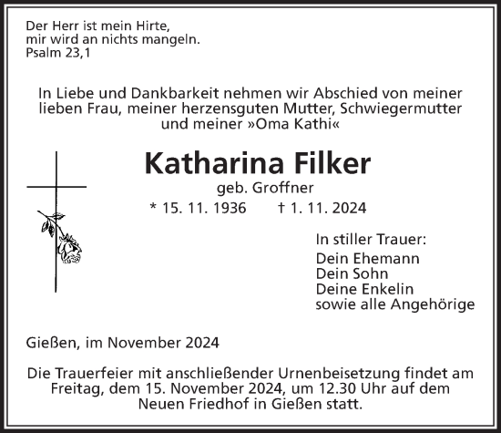 Traueranzeige von Katharina Filker von Giessener Anzeiger