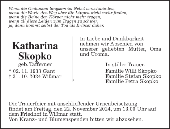 Traueranzeige von Katharina Skopko von Giessener Anzeiger, Giessener Allgemeine, Alsfelder Allgemeine