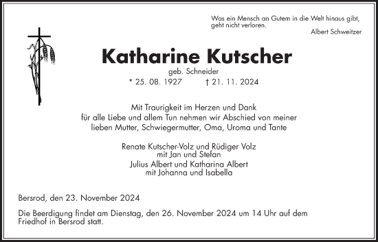 Traueranzeige von Katharine Kutscher von Giessener Allgemeine, Alsfelder Allgemeine, Giessener Anzeiger