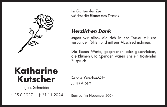Traueranzeige von Katharine Kutscher von Giessener Allgemeine, Alsfelder Allgemeine, Giessener Anzeiger