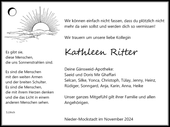 Traueranzeige von Kathleen Ritter von Kreis-Anzeiger, Wetterauer Zeitung