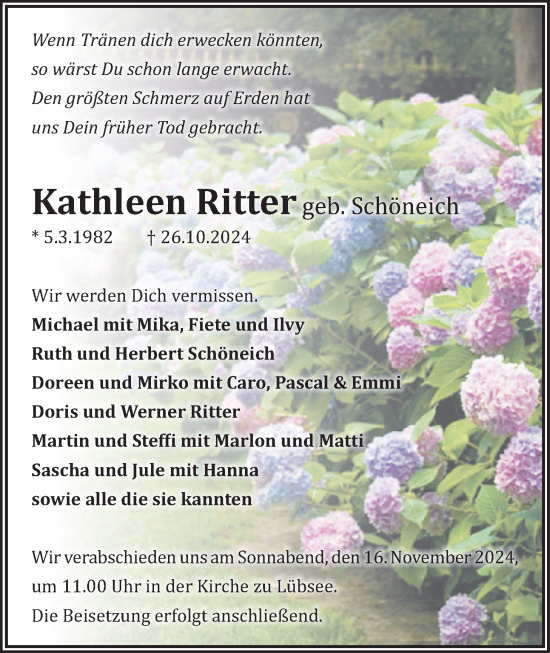 Traueranzeige von Kathleen Ritter von Wetterauer Zeitung