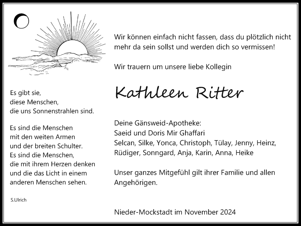  Traueranzeige für Kathleen Ritter vom 09.11.2024 aus Kreis-Anzeiger, Wetterauer Zeitung