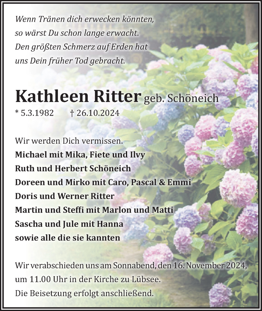  Traueranzeige für Kathleen Ritter vom 09.11.2024 aus Wetterauer Zeitung