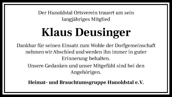 Traueranzeige von Klaus Deusinger von Usinger Anzeigenblatt