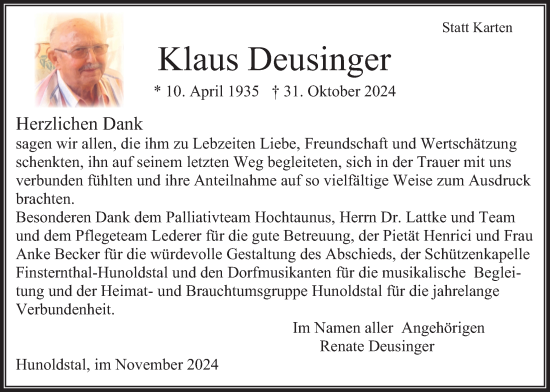 Traueranzeige von Klaus Deusinger von Usinger Anzeiger