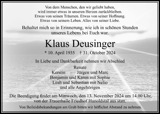 Traueranzeige von Klaus Deusinger von Usinger Anzeigenblatt