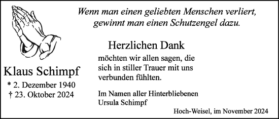 Traueranzeige von Klaus Schimpf von Butzbacher Zeitung