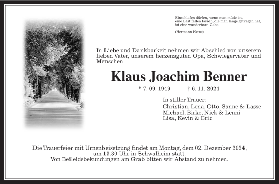 Traueranzeige von Klaus Joachim Benner von Wetterauer Zeitung