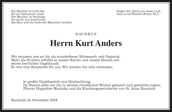 Traueranzeige von Kurt Anders von Kreis-Anzeiger