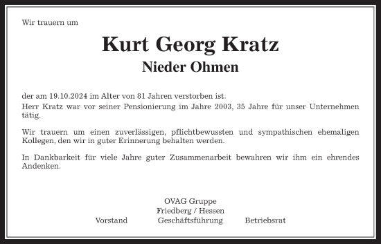 Traueranzeige von Kurt Georg Kratz von Mücker Stimme