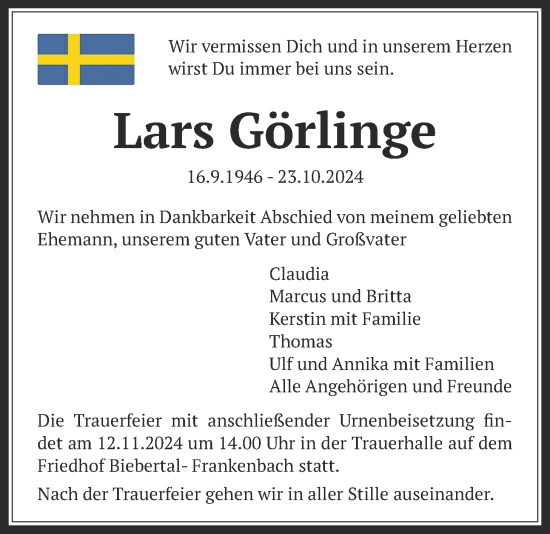 Traueranzeige von Lars Görlinge von Giessener Allgemeine, Alsfelder Allgemeine