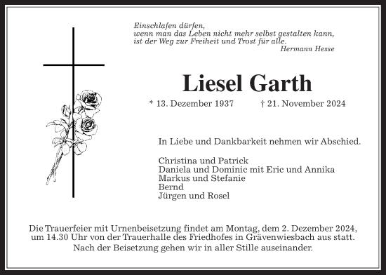 Traueranzeige von Liesel Garth von Usinger Anzeiger