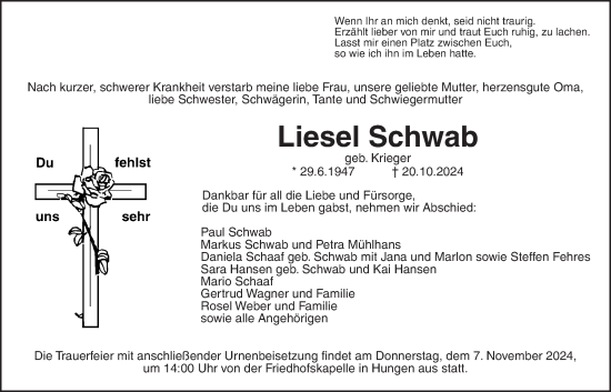 Traueranzeige von Liesel Schwab von Giessener Allgemeine, Alsfelder Allgemeine