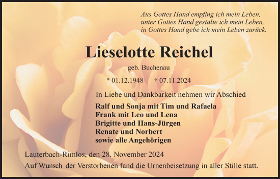 Traueranzeige von Lieselotte Reichel von Lauterbacher Anzeiger