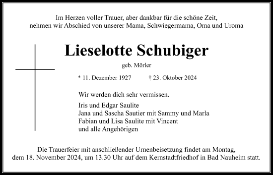 Traueranzeige von Lieselotte Schubiger von Wetterauer Zeitung