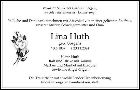 Traueranzeige von Lina Huth von Bad Vilbel/Karben