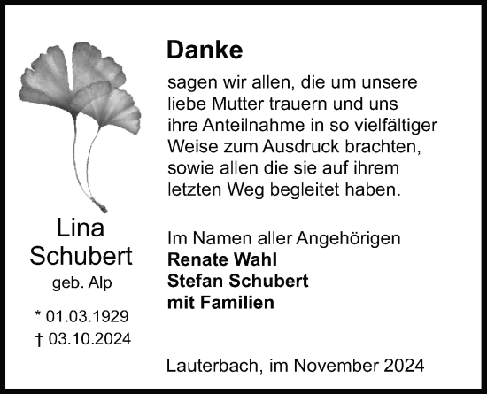 Traueranzeige von Lina Schubert von Lauterbacher Anzeiger