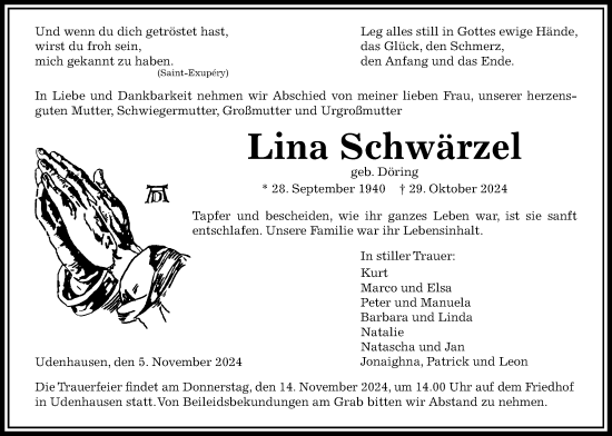 Traueranzeige von Lina Schwärzel von Oberhessische Zeitung