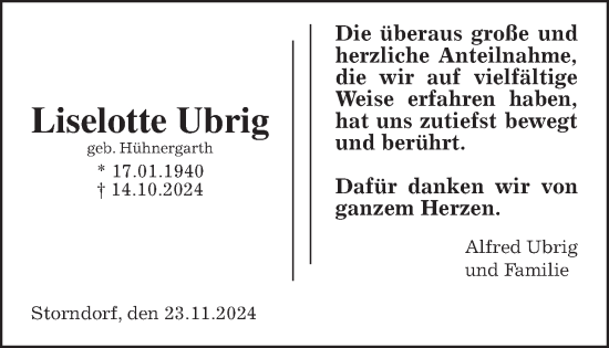 Traueranzeige von Liselotte Ubrig von Oberhessische Zeitung
