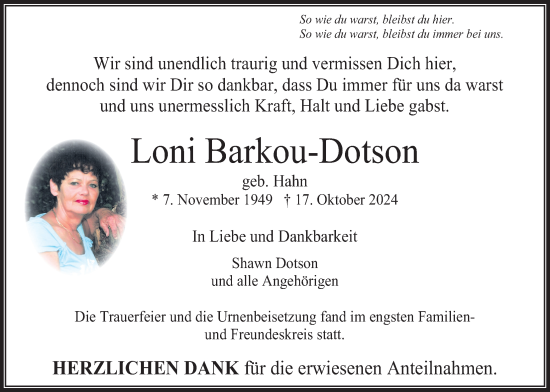 Traueranzeige von Loni Barkou-Dotson von Usinger Anzeigenblatt