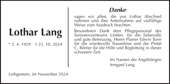 Traueranzeige von Lothar Lang von Giessener Allgemeine, Alsfelder Allgemeine, Giessener Anzeiger
