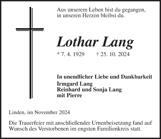 Traueranzeige von Lothar Lang von Giessener Anzeiger, Giessener Allgemeine, Alsfelder Allgemeine