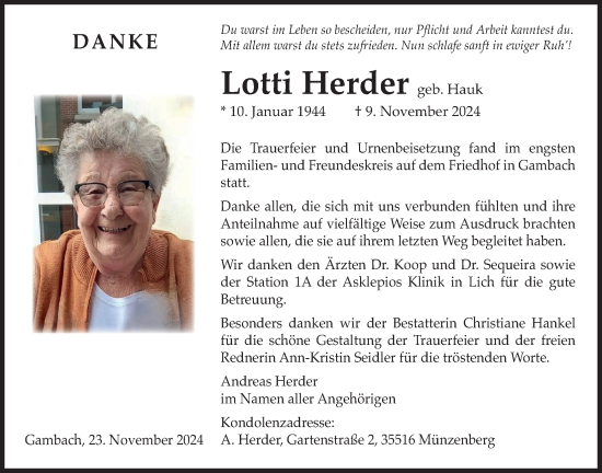 Traueranzeige von Lotti Herder von Butzbacher Zeitung