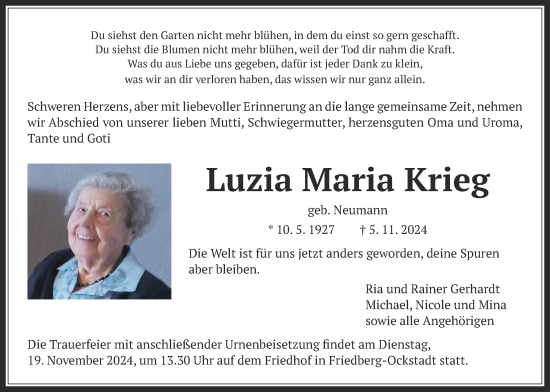 Traueranzeige von Luzia Maria Krieg von Wetterauer Zeitung