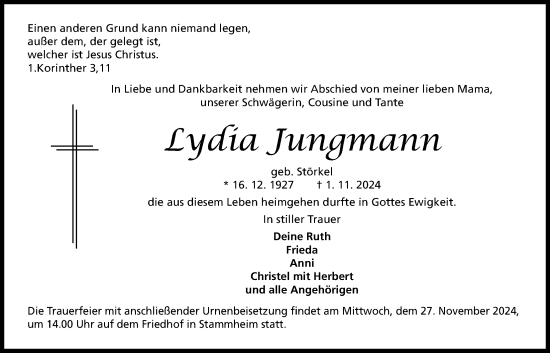 Traueranzeige von Lydia Jungmann von Wetterauer Zeitung, Kreis-Anzeiger