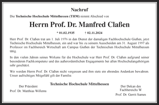 Traueranzeige von Manfred Claßen von Giessener Allgemeine, Alsfelder Allgemeine, Giessener Anzeiger