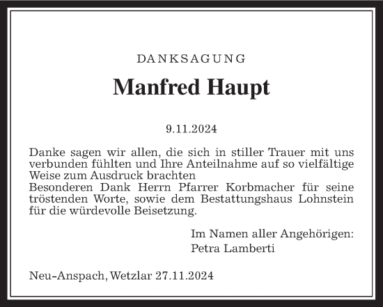 Traueranzeige von Manfred Haupt von Usinger Anzeiger