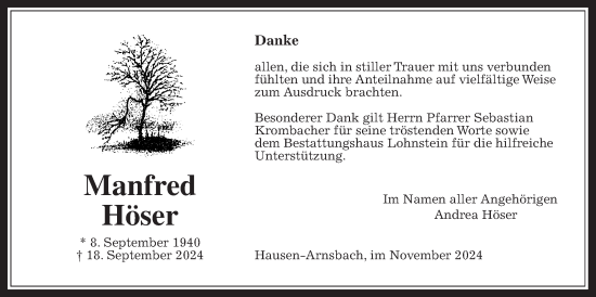 Traueranzeige von Manfred Höser von Usinger Anzeiger, Usinger Anzeigenblatt