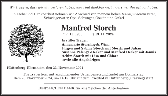 Traueranzeige von Manfred Storch von Giessener Anzeiger