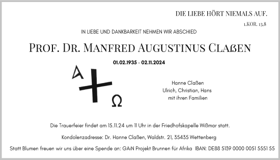 Traueranzeige von Manfred Augustinus Claßen von Giessener Anzeiger, Giessener Allgemeine, Alsfelder Allgemeine