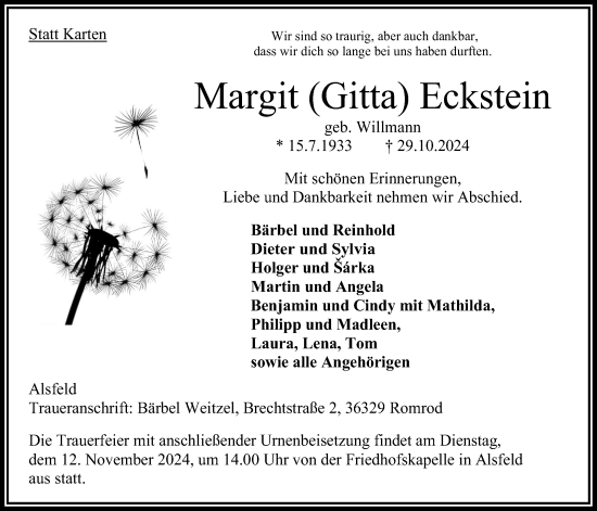 Traueranzeige von Margit Eckstein von Oberhessische Zeitung