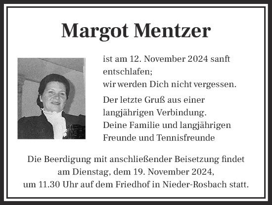 Traueranzeige von Margot Mentzer von Wetterauer Zeitung