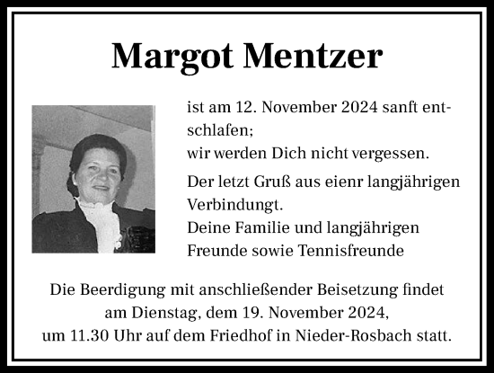 Traueranzeige von Margot Mentzer von Wetterauer Zeitung