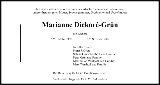 Traueranzeige von Marianne Dickore-Grün von Wetterauer Zeitung