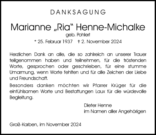 Traueranzeige von Marianne Henne-Michalke von Wetterauer Zeitung