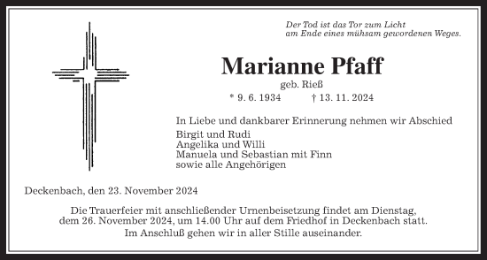 Traueranzeige von Marianne Pfaff von Alsfelder Allgemeine, Oberhessische Zeitung