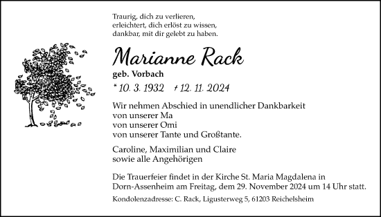 Traueranzeige von Marianne Rack von Wetterauer Zeitung