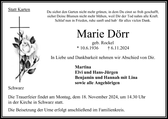 Traueranzeige von Marie Dörr von Oberhessische Zeitung