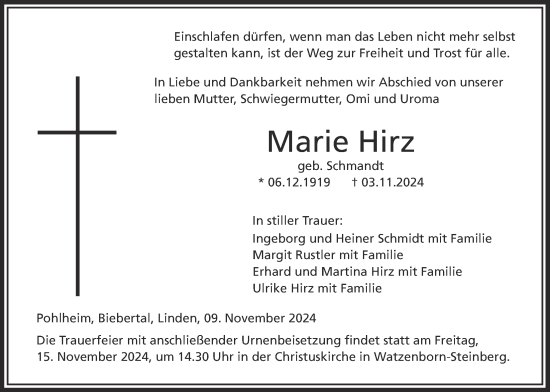 Traueranzeige von Marie Hirz von Giessener Anzeiger, Giessener Allgemeine, Alsfelder Allgemeine