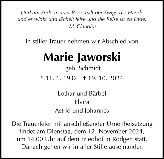 Traueranzeige von Marie Jaworski von Giessener Anzeiger, Giessener Allgemeine, Alsfelder Allgemeine