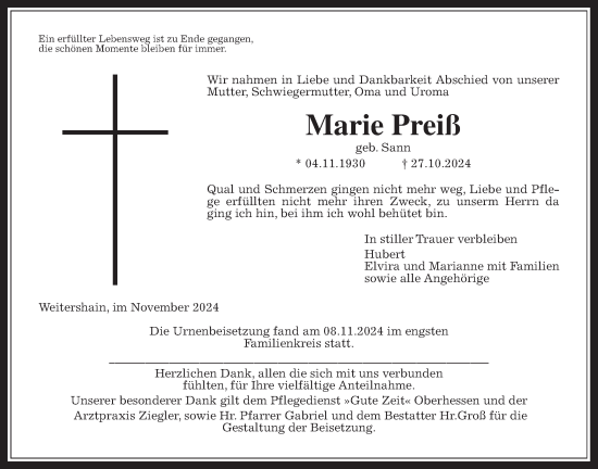 Traueranzeige von Marie Preiß von Giessener Allgemeine, Alsfelder Allgemeine