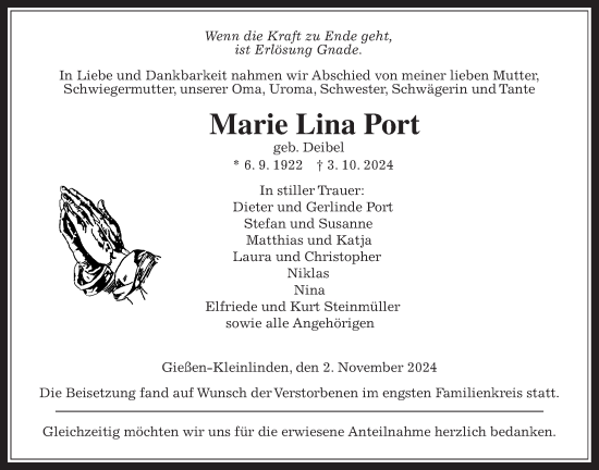 Traueranzeige von Marie Lina Port von Giessener Anzeiger, Giessener Allgemeine, Alsfelder Allgemeine