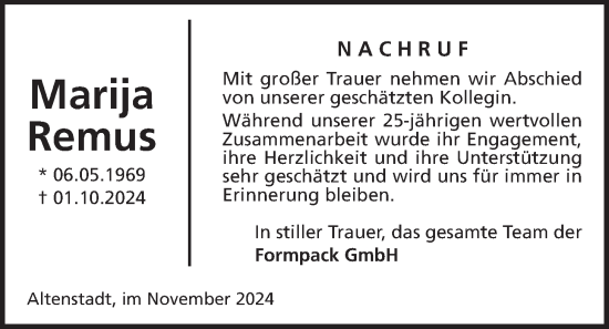 Traueranzeige von Marija Remus 